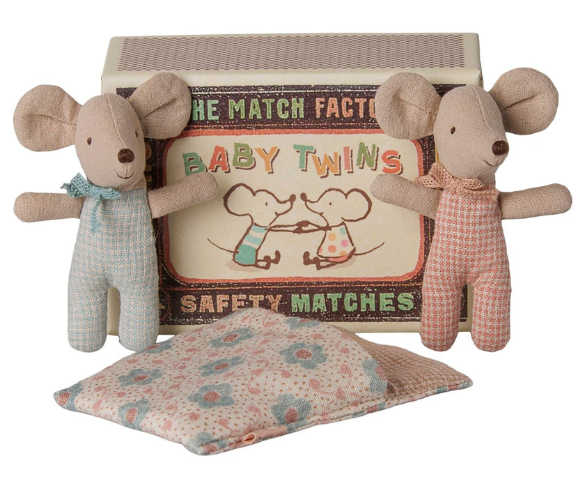 Doll Toys Maileg Twins Baby Mice in Matchbox Checker