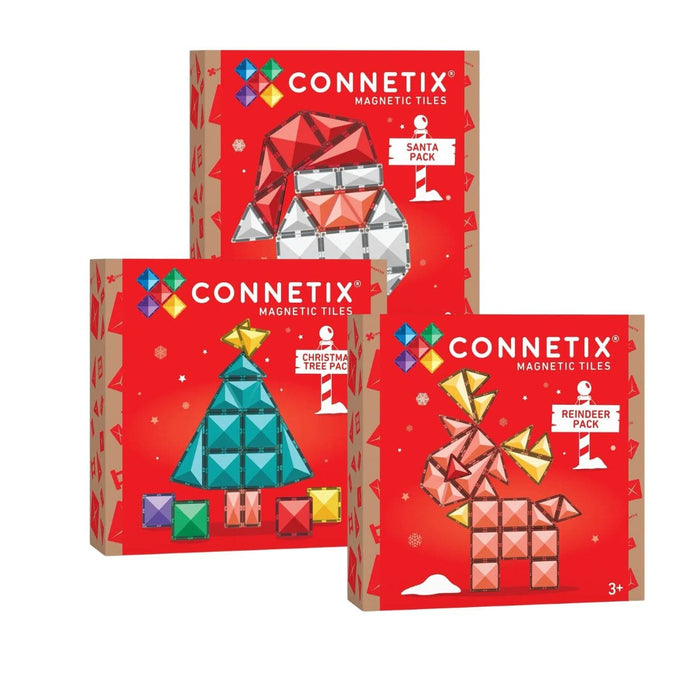 Connetix Christmas Tree, Santa and Reindeer packs stacked together as a 58 piece bundle