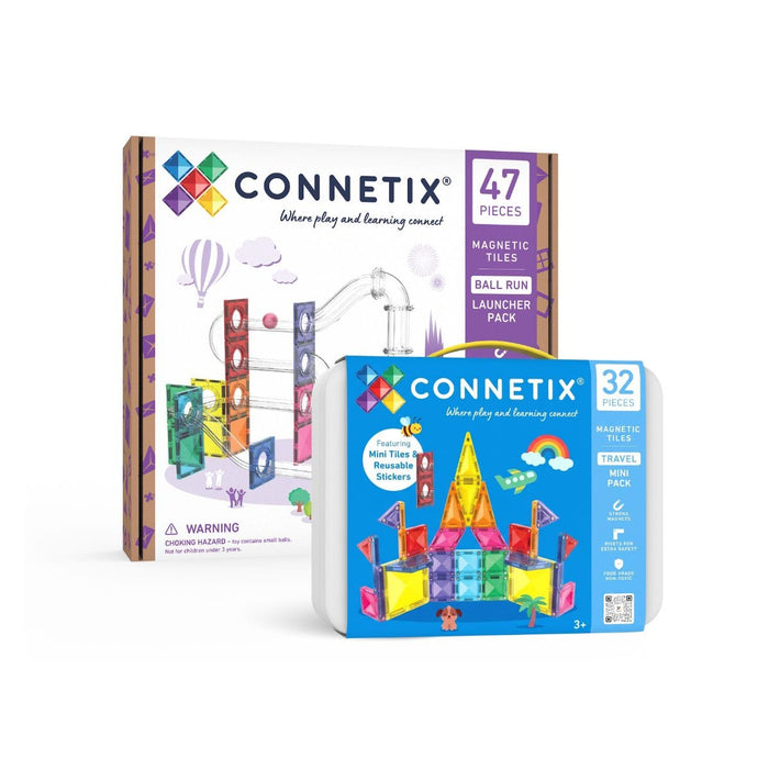 Magnetic Tiles Connetix Tiles 79 Piece Travel Mini & Ball Run Launcher Bundle