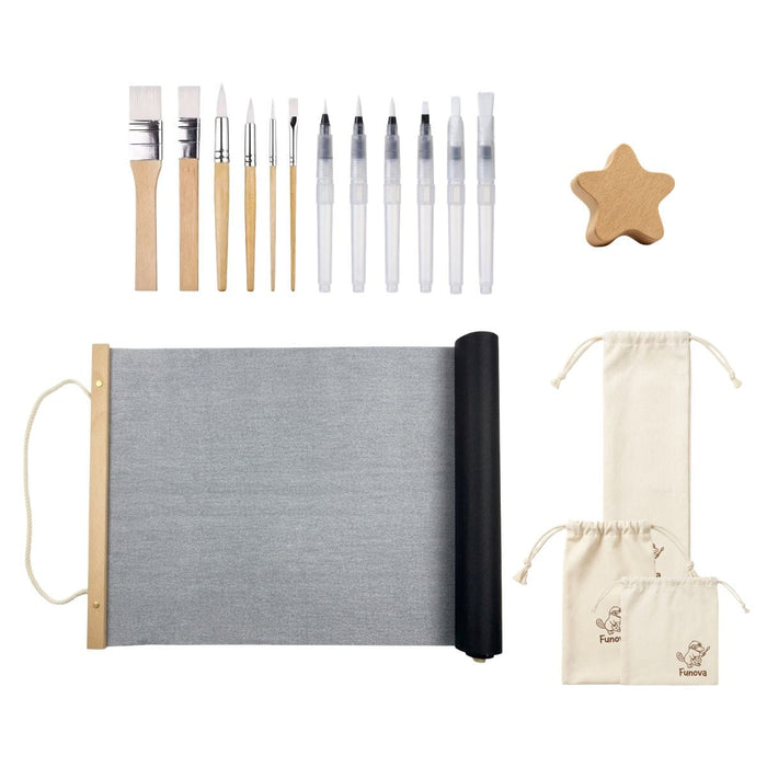 Funova Water Painting Canvas & Brush Set with Wall Hook: canvas, brushes, star hook and three cotton bags