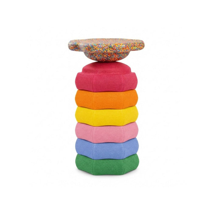 Funova pastel stepping stones stacked in a tower with the confetti balance board on top