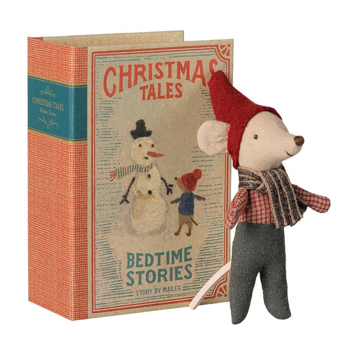 Maileg Christmas Mouse Baby standing beside its Christmas Tales storybook box