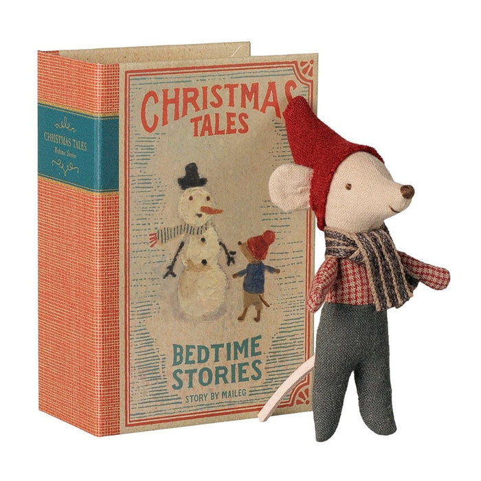 Maileg Christmas Mouse Baby standing beside its Christmas Tales storybook box