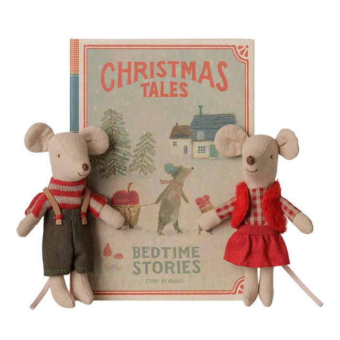 Maileg Christmas Twin Mice in red outfits beside their Christmas Tales book box