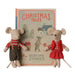 Maileg Christmas Twin Mice in red outfits beside their Christmas Tales book box