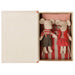 Maileg Christmas Twin Mice tucked into their striped bed inside the open storybook box