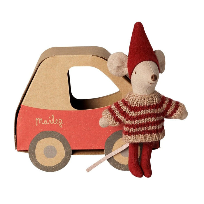 Maileg Christmas Little Sister mouse in a red striped sweater and hat beside her red car box