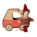 Maileg Christmas Little Sister mouse in a red striped sweater and hat beside her red car box