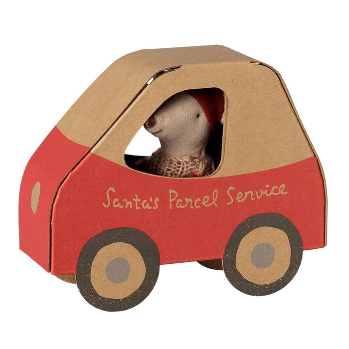 Maileg Little Sister mouse peeking out of the red Santa's Parcel Service car box