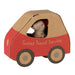 Maileg Little Sister mouse peeking out of the red Santa's Parcel Service car box