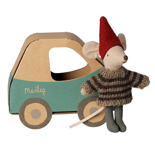 Maileg Christmas Little Brother mouse in a striped sweater and red hat beside his green car box