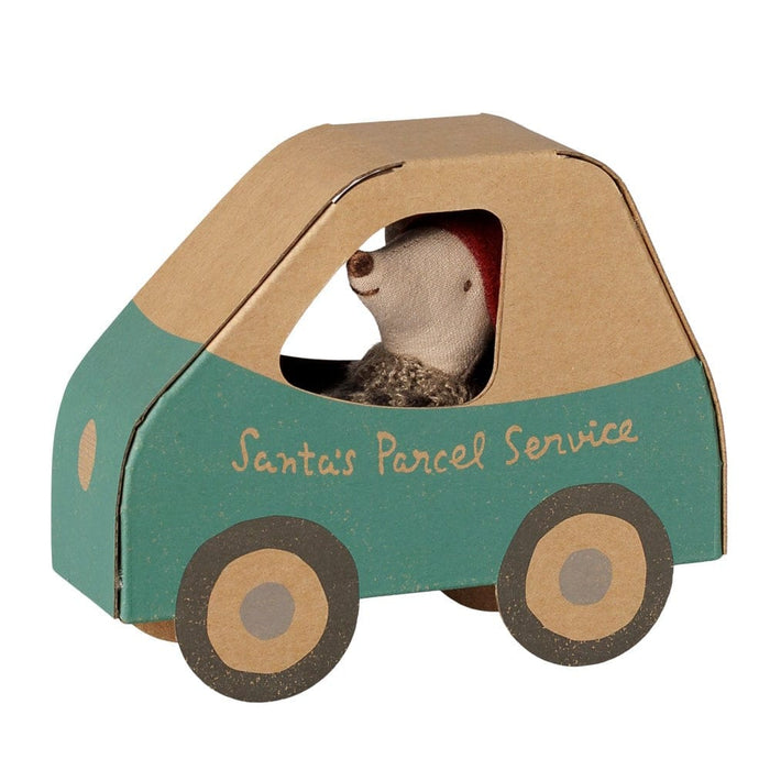 Maileg Little Brother mouse peeking out of the green Santa's Parcel Service car box