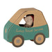 Maileg Little Brother mouse peeking out of the green Santa's Parcel Service car box