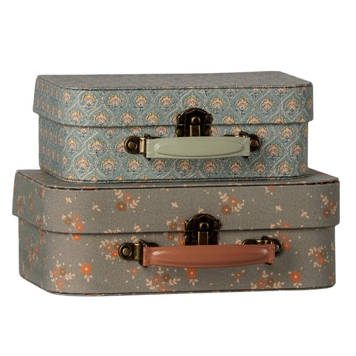Two Maileg Michette suitcases stacked, showing metal clasps and handles