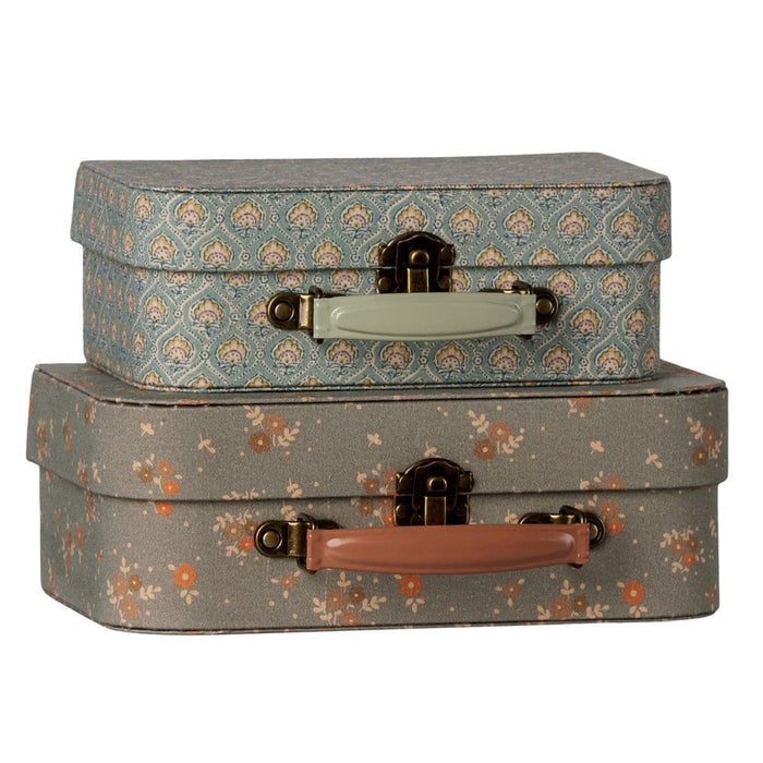 Two Maileg Michette suitcases stacked, showing metal clasps and handles
