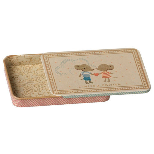 Maileg mice metal box with the sliding lid partly open
