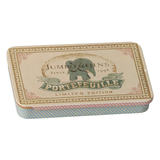 Maileg Jumbo Coins metal box with a vintage elephant label on the sliding lid