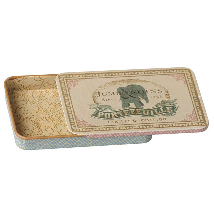 Maileg Jumbo Coins metal box with the sliding lid partly open