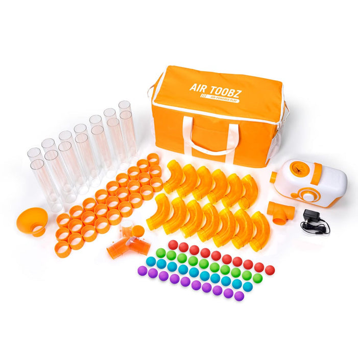 All Air Toobz 100 piece set contents laid out: fan, tubes, connectors and foam balls