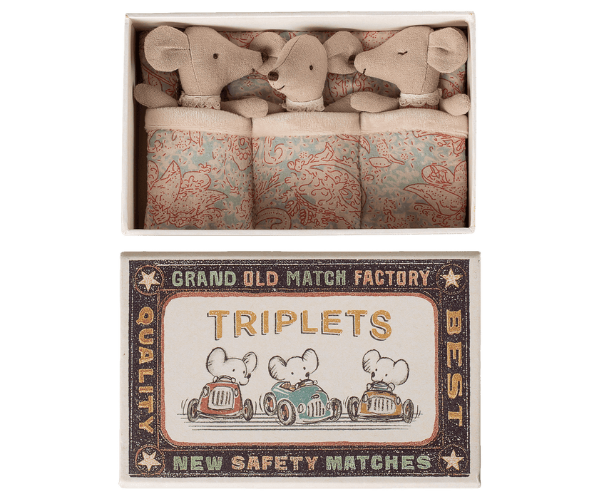 Doll Toys Maileg Triplets Baby Mice in Matchbox Checker