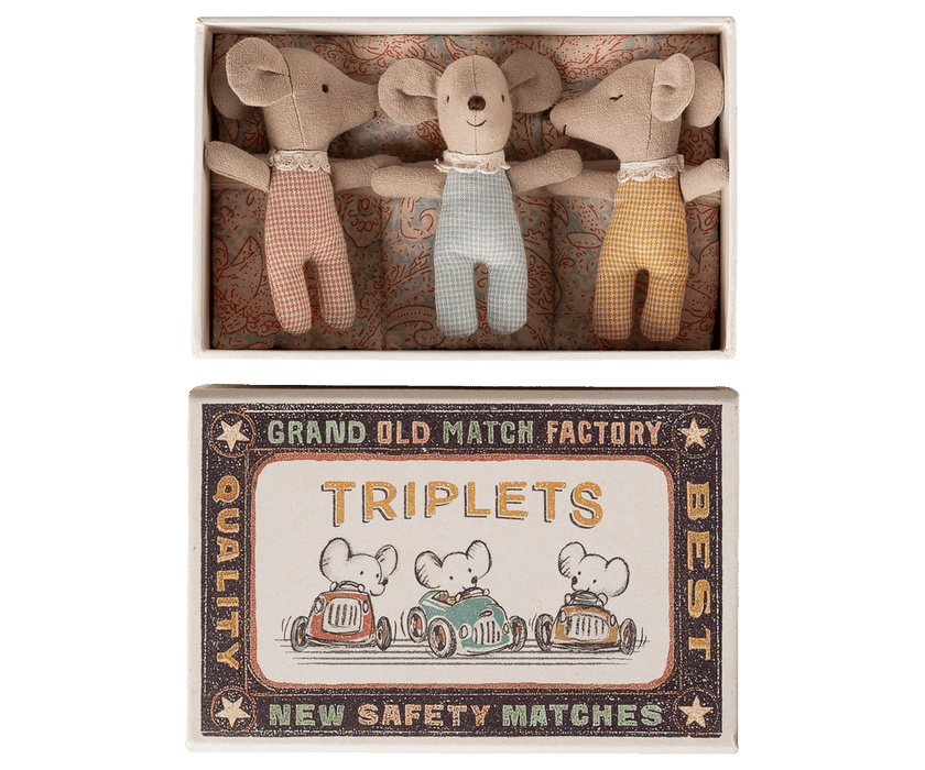 Doll Toys Maileg Triplets Baby Mice in Matchbox Checker