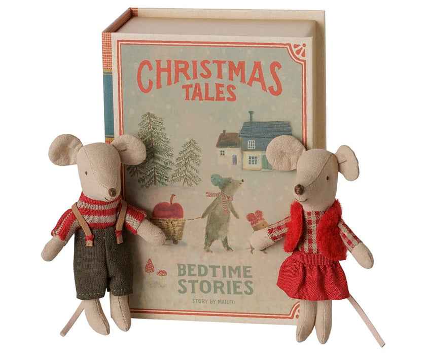 Maileg Christmas Twin Mice with the closed Christmas Tales Bedtime Stories book