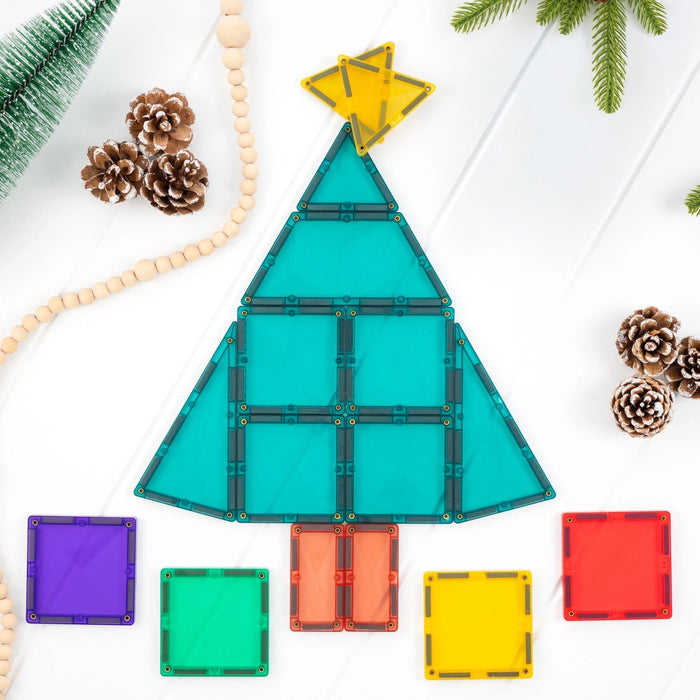 Christmas tree built from Connetix magnetic tiles with a yellow star and square presents