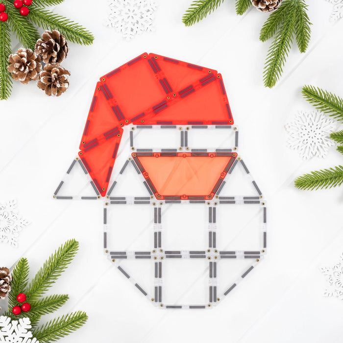 Santa built from Connetix magnetic tiles with a red hat, peach face and clear beard