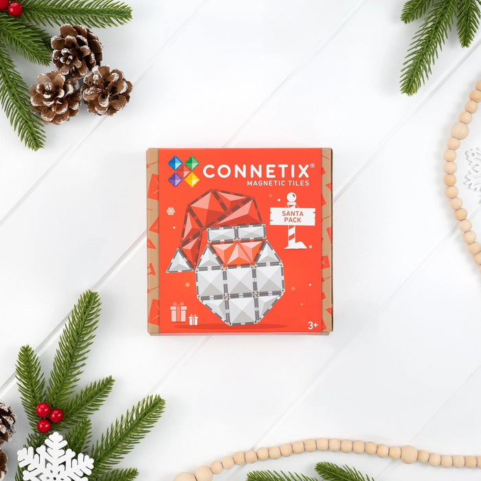 Connetix Christmas Santa Pack box among pine branches and pine cones