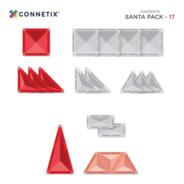 Contents of the Connetix Christmas Santa Pack: 17 red, peach and clear tiles