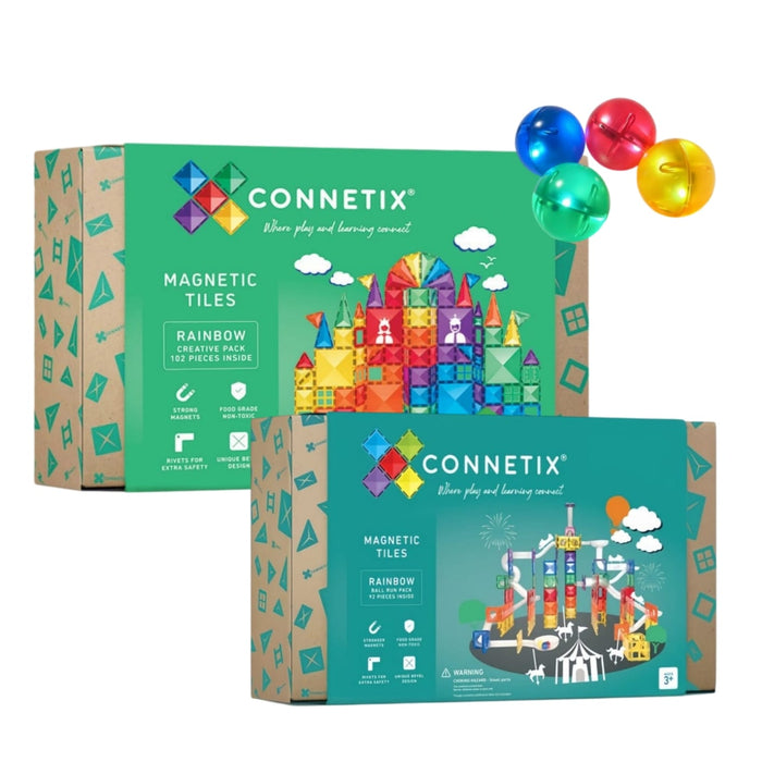 Magnetic Tiles Connetix 194 Piece Rainbow Creative & Ball Run Bundle with Free LED Balls