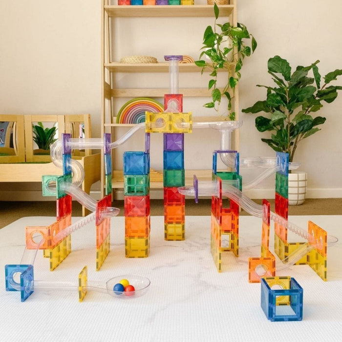 Magnetic Tiles Connetix 194 Piece Rainbow Creative & Ball Run Bundle with Free LED Balls