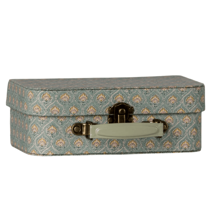 Small Maileg Michette suitcase in blue patterned fabric with a mint handle