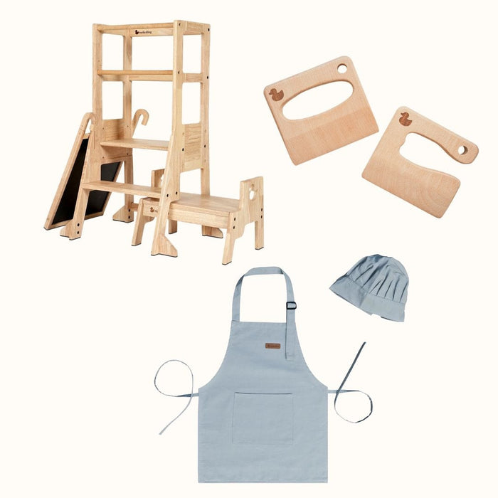 Wooden Learning Towers The Full Mini Chef: My Duckling Solid Wood Adjustable Learning Tower 3in1 - Deluxe (Duck Stool Handle) set (Mid-October Pre-Order)