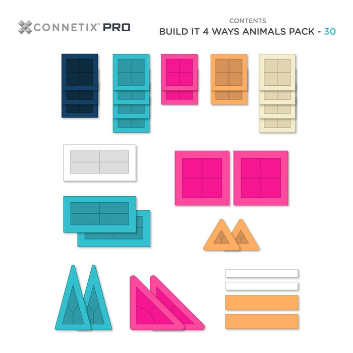 Magnetic Tiles Connetix Tiles PRO Build It 4 Ways Animals Pack 30 Piece 810164730381