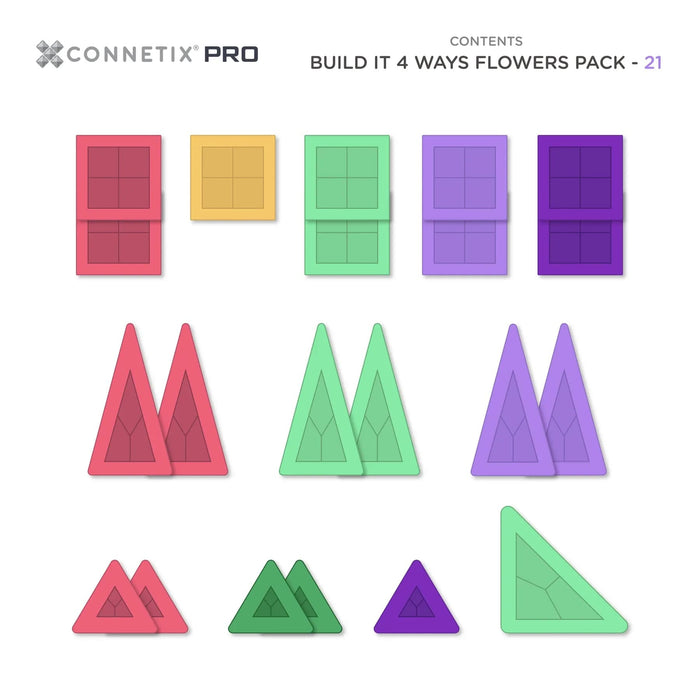 Magnetic Tiles Connetix Tiles PRO Build It 4 Ways Flowers Pack 21 Piece 810164730350