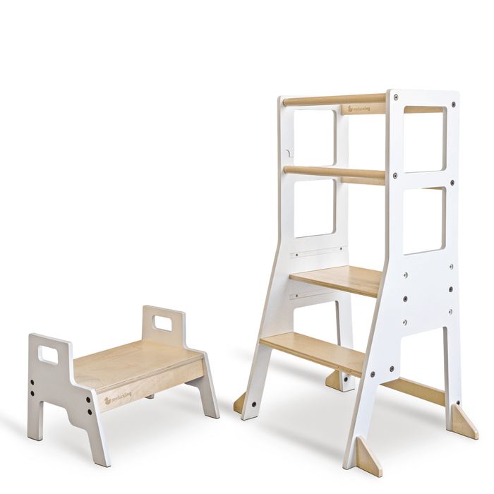 My Duckling Adjustable Learning Tower with Stool – White + Natural (Late-May Pre-Order)